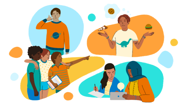 Ilustración de diversos grupos de personas realizando diferentes actividades con fondos coloridos y manchas.