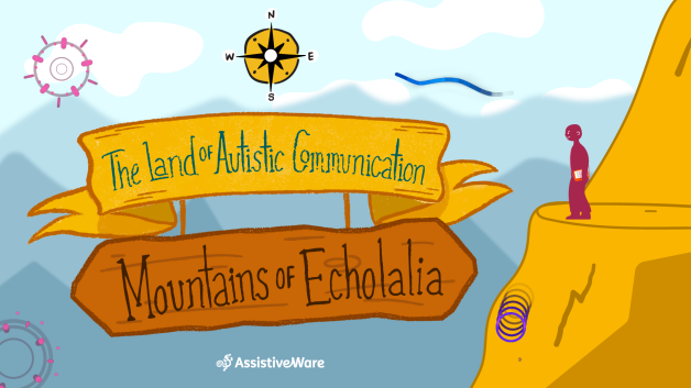 A landscape illustration depicting "The Land of Autistic Communication" and the location "Mountains of Echolalia"