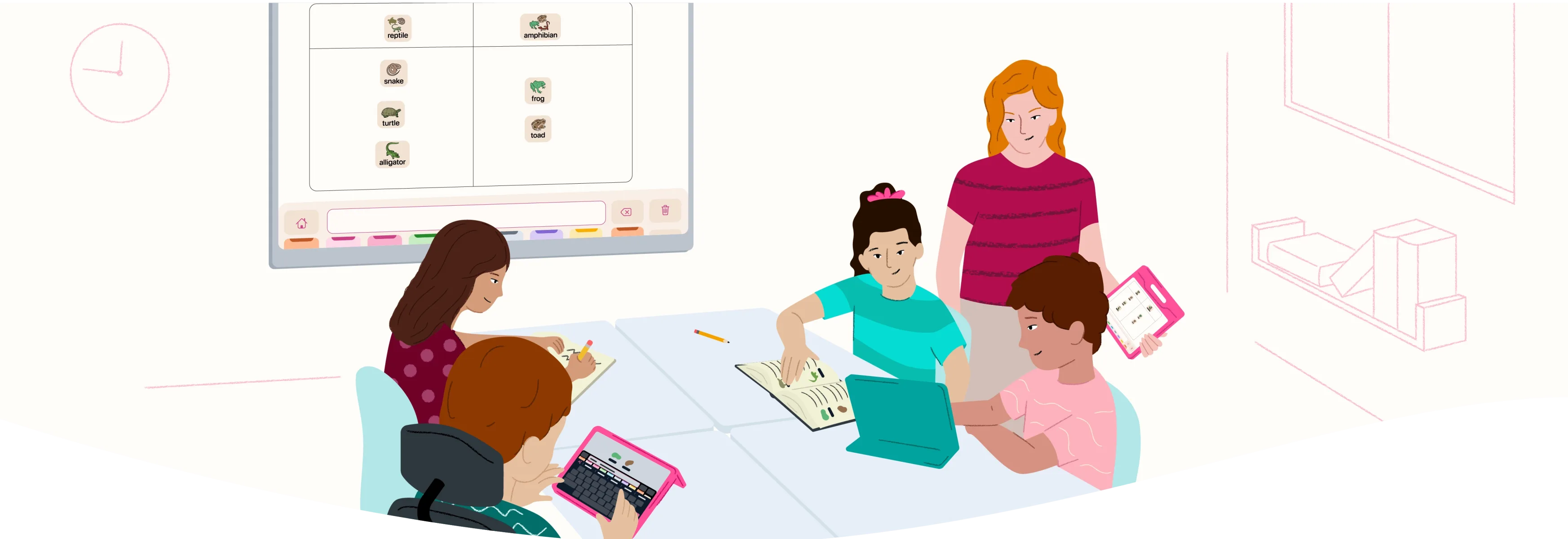 An illustration of a classroom with 4 students and a teacher. Two students are using iPads with Micalo and the teacher is holding an iPad with Micalo on the screen.