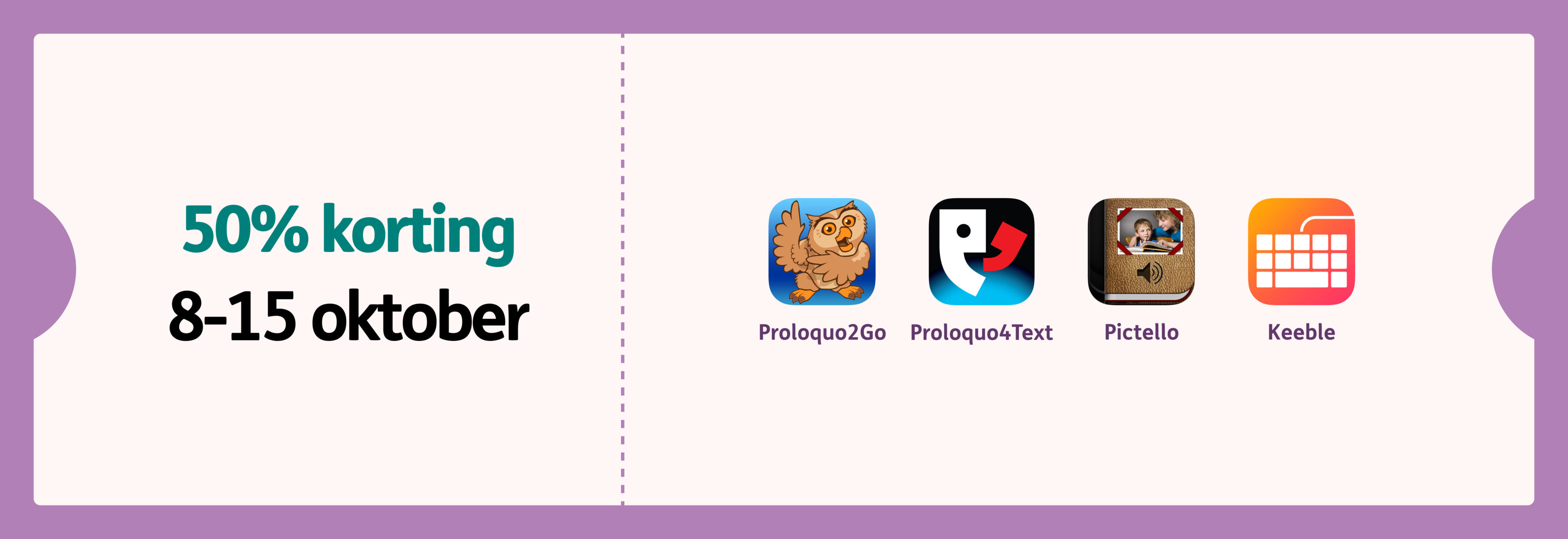 Promotiebanner voor OC-Bewustwordingsmaand, met 50% korting op bepaalde apps van 8 tot 15 oktober, met app-iconen voor Proloquo, Proloquo2Go, Proloquo4Text, Pictello en Keeble op een paarse achtergrond.