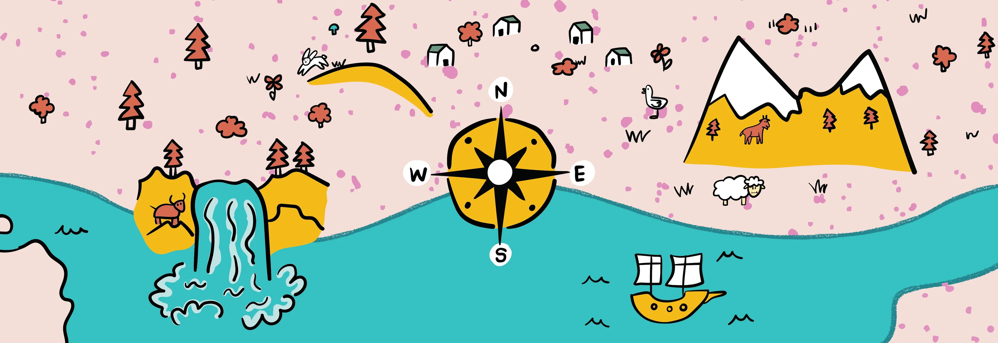 Illustrations of landscapes and animals with a compass in the middle